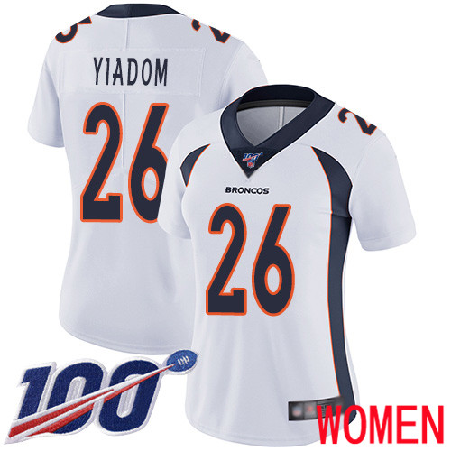 Women Denver Broncos #26 Isaac Yiadom White Vapor Untouchable Limited Player 100th Season Football NFL Jersey